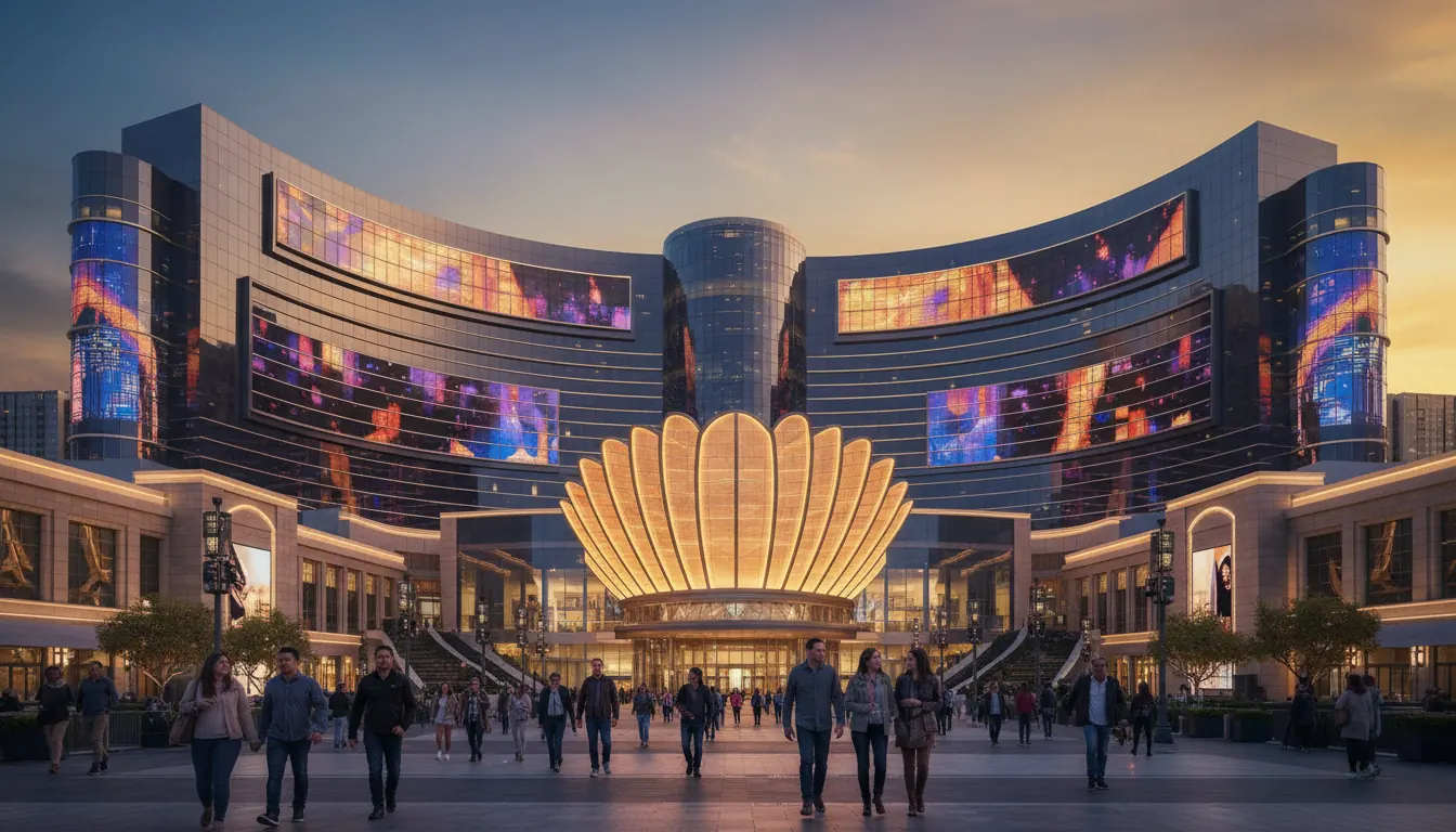 Modern casino resort building with illuminated exterior at dusk showing large entertainment venue