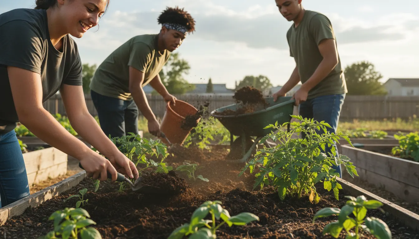Student volunteers spreading dark finished compost in raised garden beds with plants