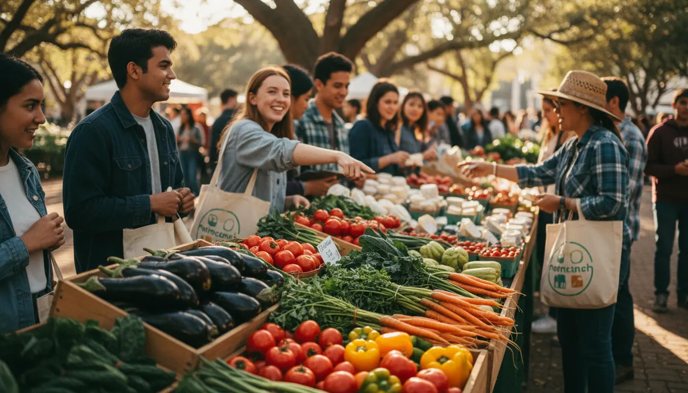 Campus farmers market with colorful vegetable displays and students shopping from local vendors