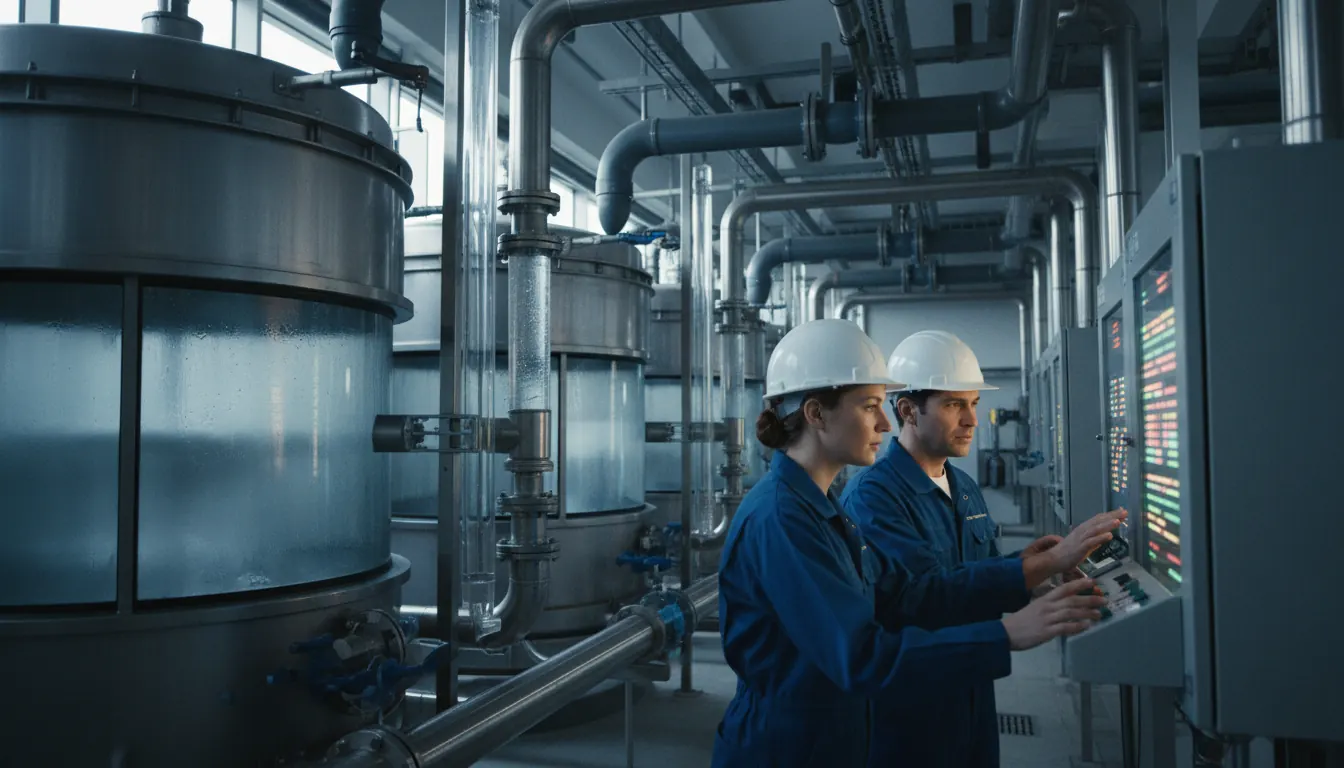 Modern water filtration tanks and pipes in institutional water reclamation facility